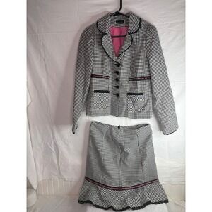 Portrait Houndstooth Skirt Suit Black White Pink Ruffle Lace Trim Blazer Set
